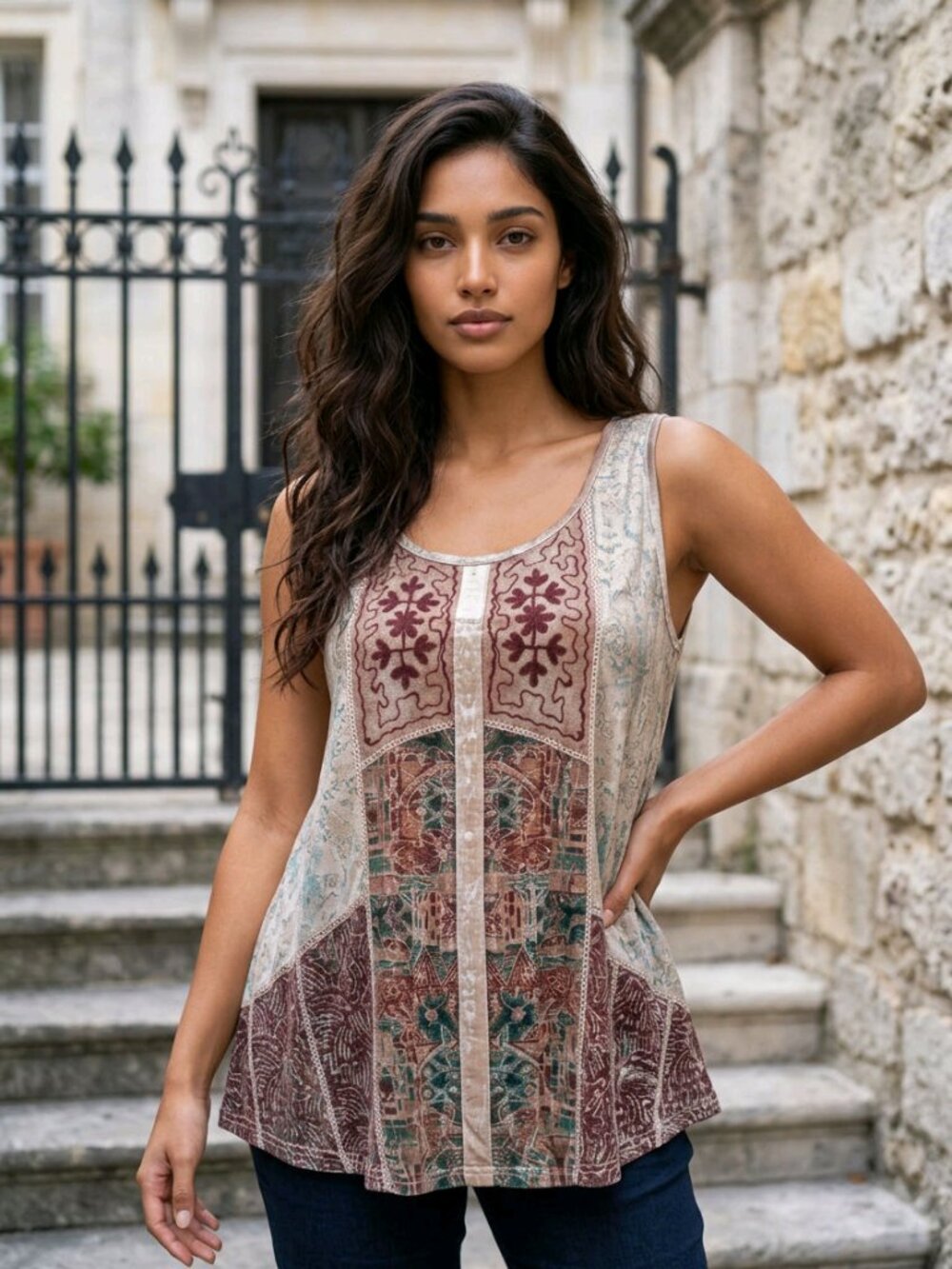 Boho Printed Sleeveless Tank Top in Beige and Brown